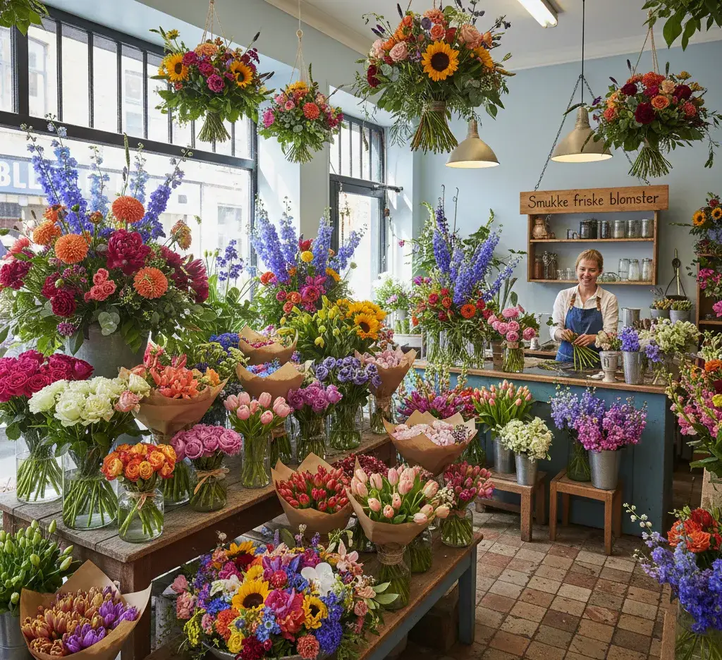 Smukke friske blomster i farverige arrangementer fra blomsterbutik