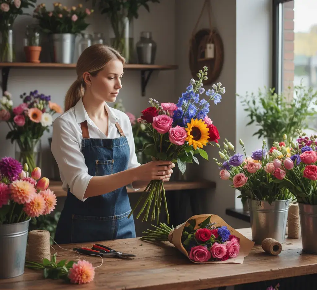 Professionel florist arbejder med friske blomster og skaber smukke buketter