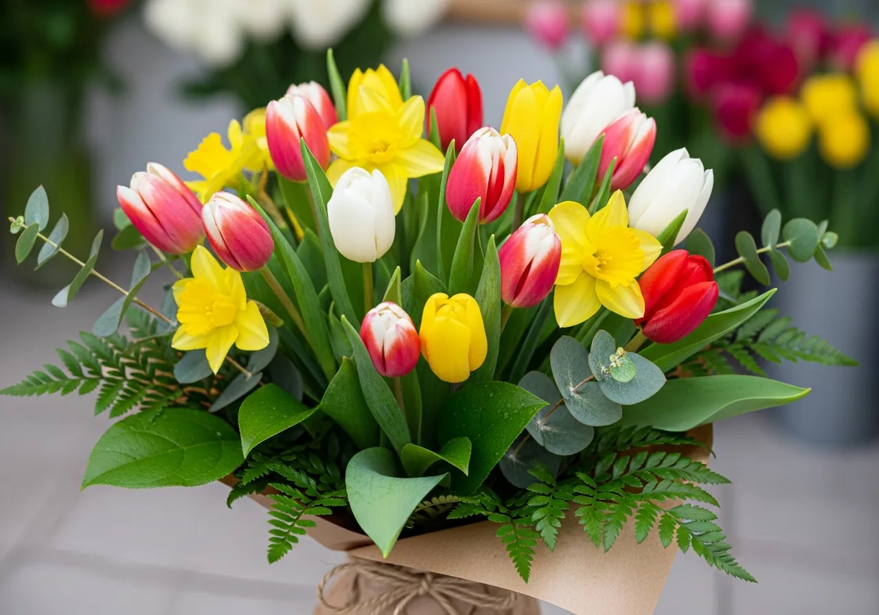 Forårsbuketter med tulipaner og påskeliljer fra blomsterbutik