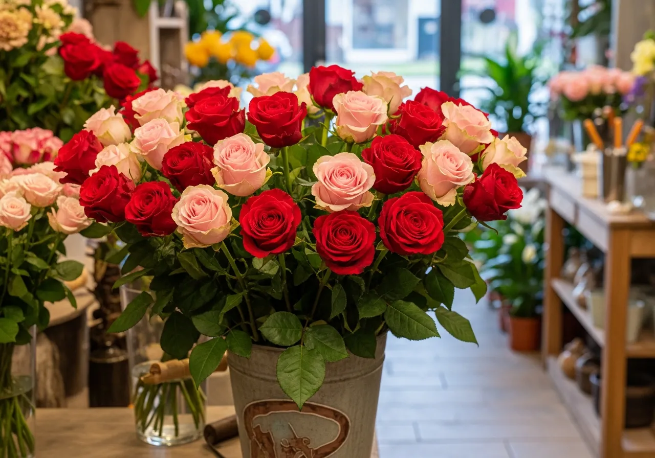 Romantiske rosebuketter i røde og lyserøde nuancer fra blomsterbutik