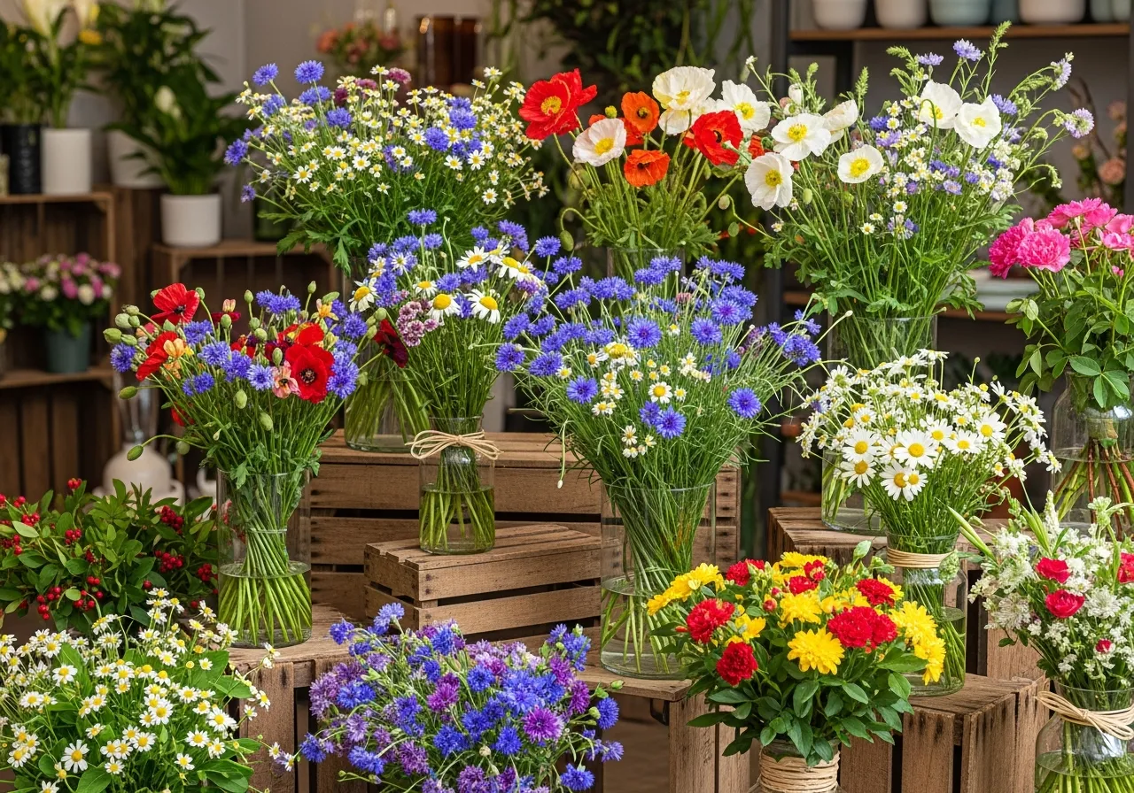 Vilde blomster i naturlige arrangementer fra blomsterbutik